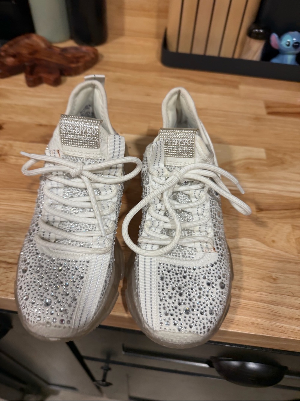 Steve Madden White Crystal-Embellished Lace-Up Sneakers